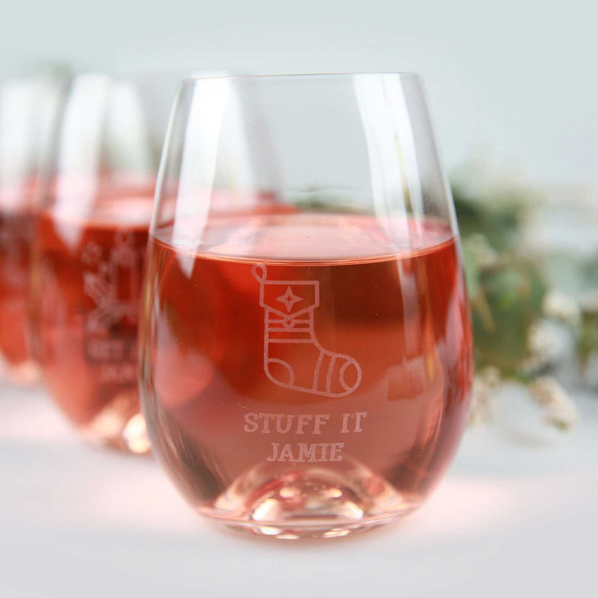 Set of 4 Engraved Christmas 460ml Stemless Wine Glasses