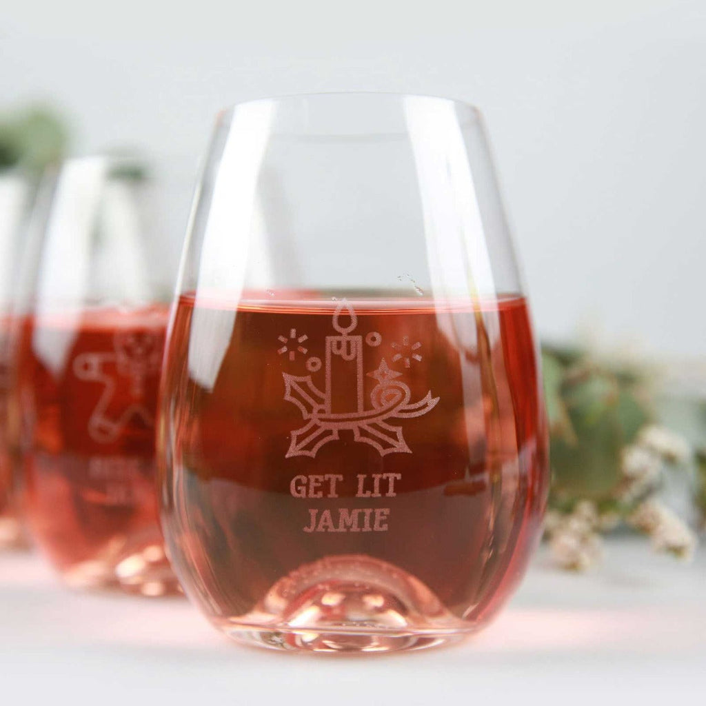 Set of 4 Engraved Christmas 460ml Stemless Wine Glasses