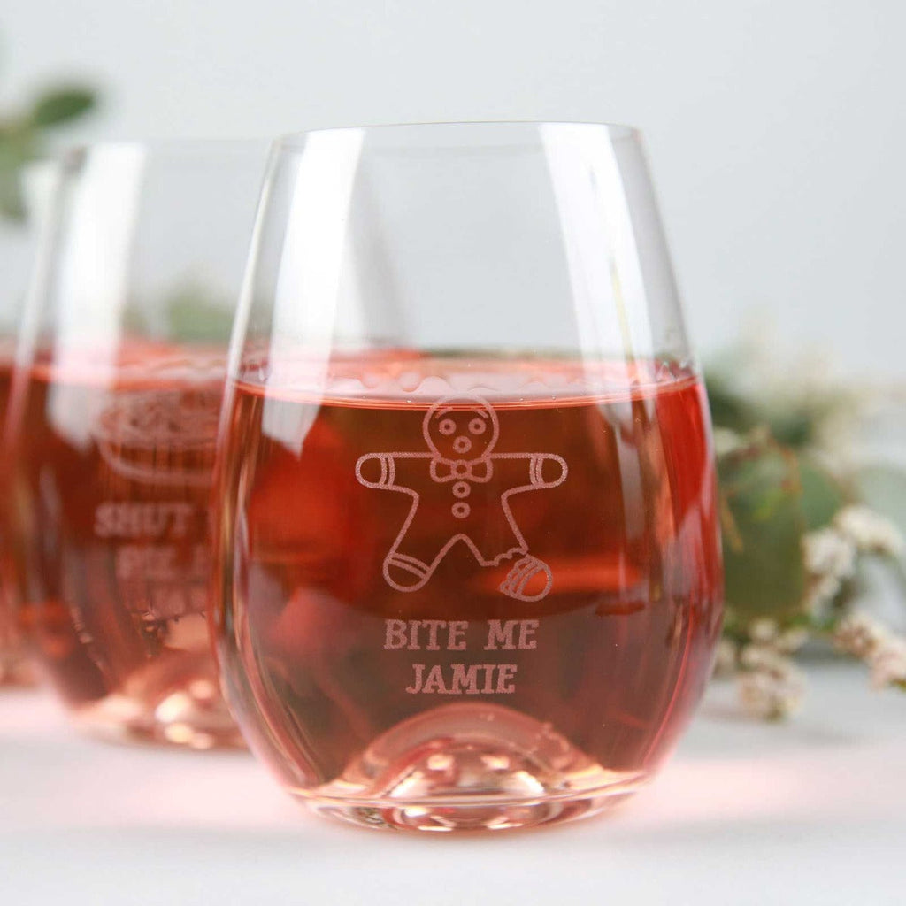 Set of 4 Engraved Christmas 460ml Stemless Wine Glasses