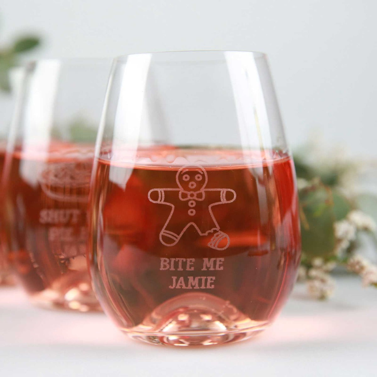 Set of 4 Engraved Christmas 460ml Stemless Wine Glasses