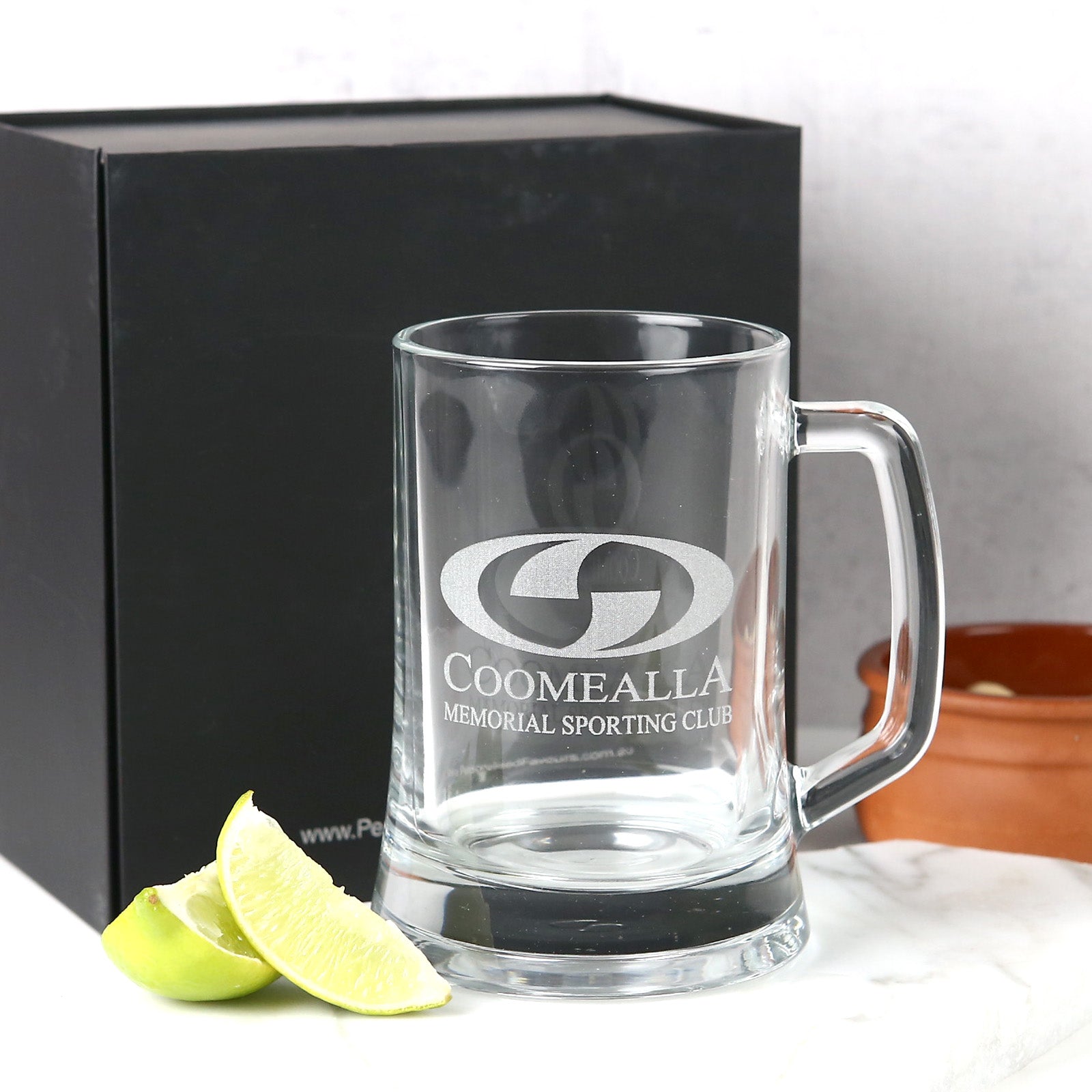 Personalised 500ml corporate beer mug with engraved company logo