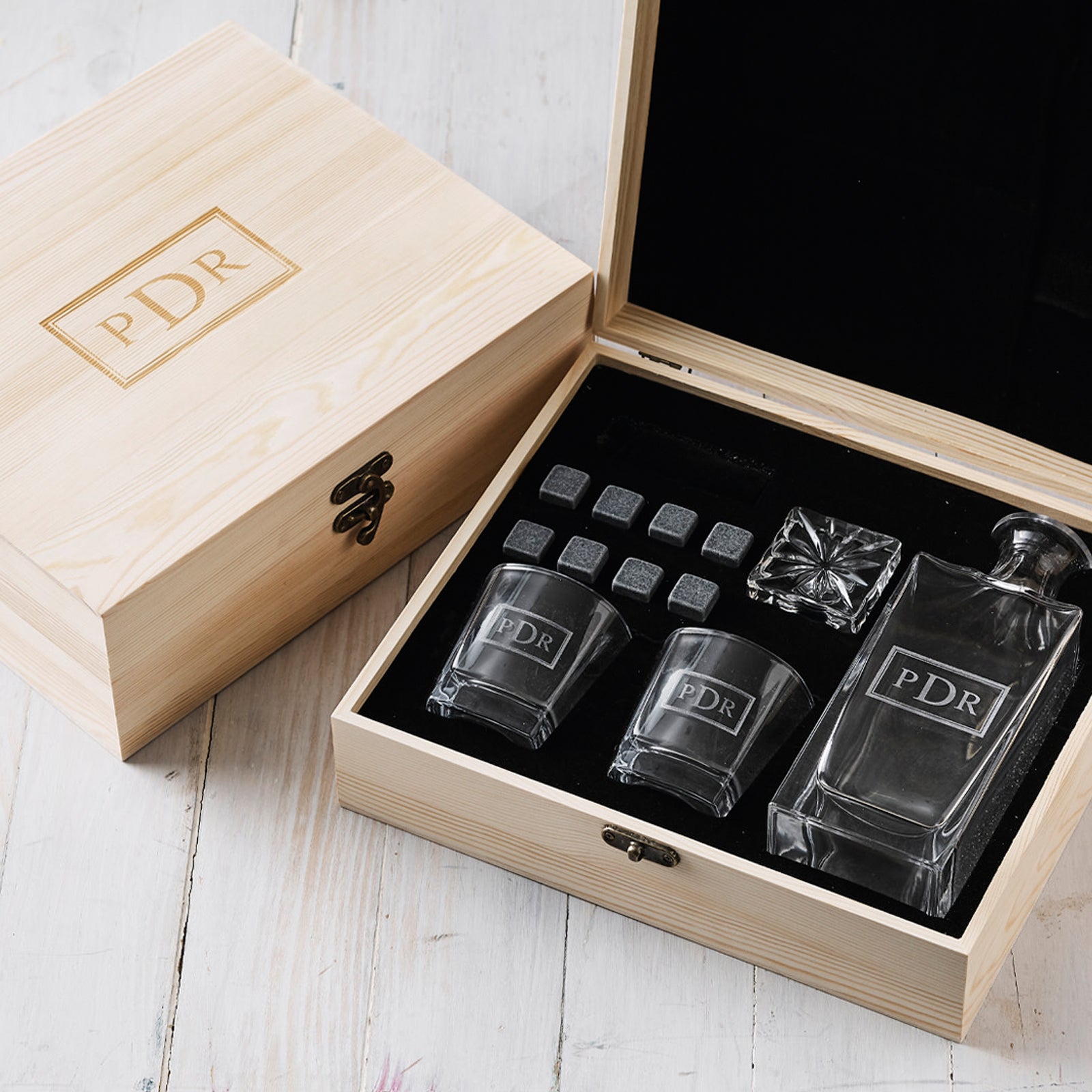 Engraved Corporate Wooden Gift Boxed Decanter, Scotch Glasses and Whiskey Stone Set