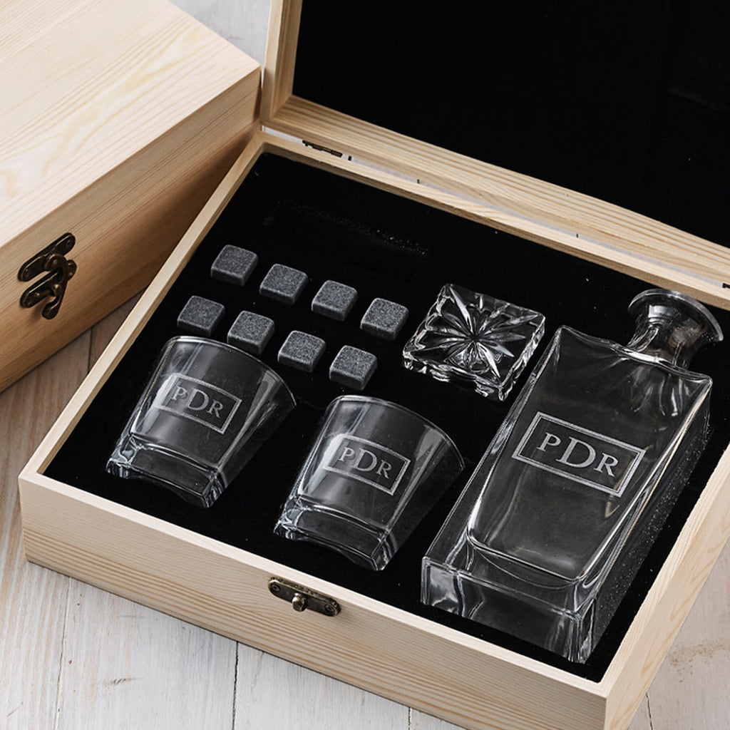 Engraved Corporate Wooden Gift Boxed Decanter, Scotch Glasses and Whiskey Stone Set