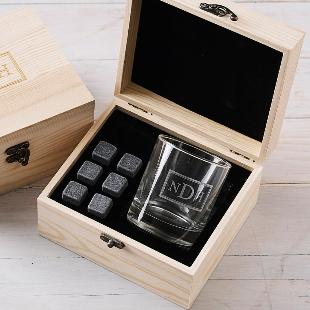 Engraved Corporate Wooden Gift Boxed Scotch Glass and Whiskey Stone Set