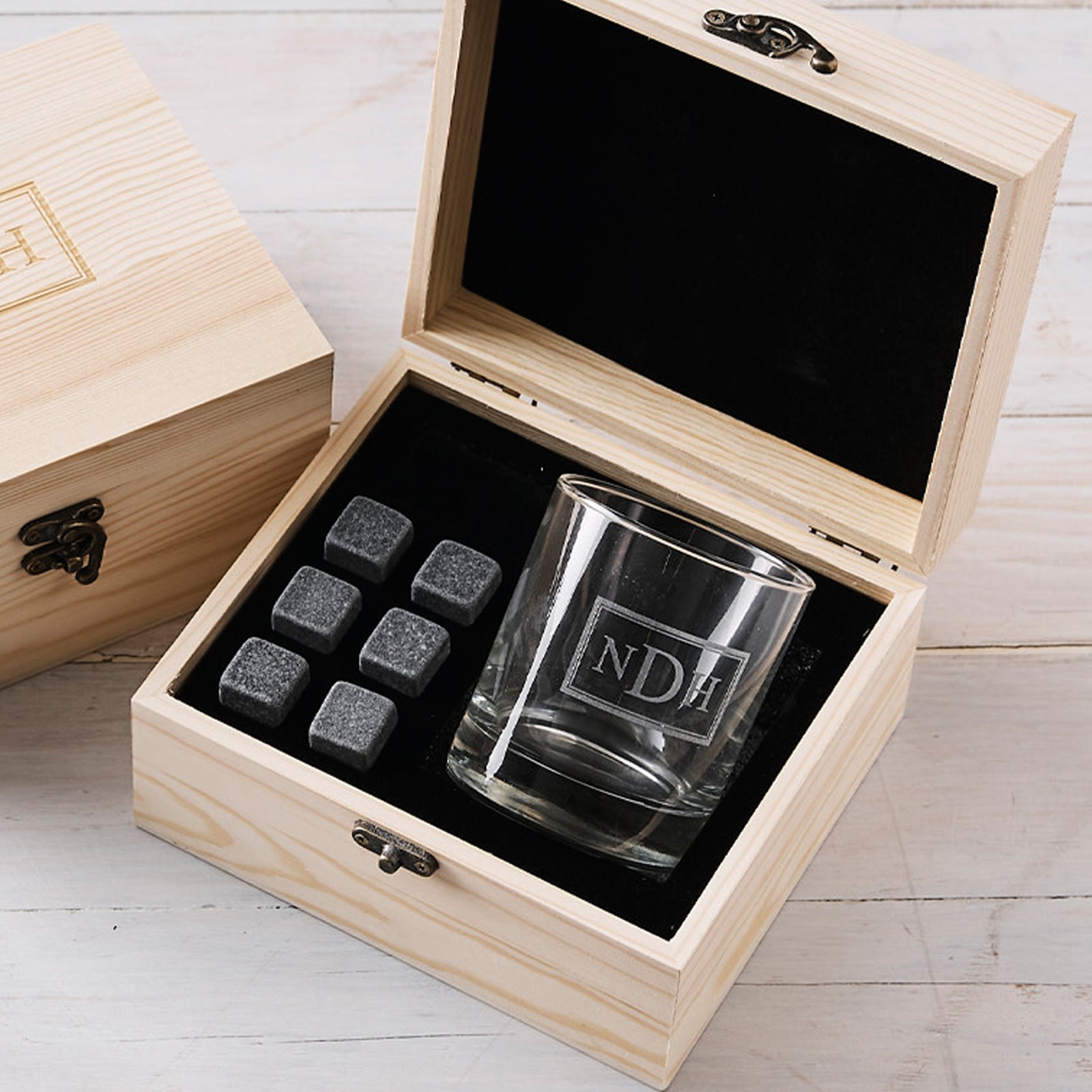 Engraved Corporate Wooden Gift Boxed Scotch Glass and Whiskey Stone Set