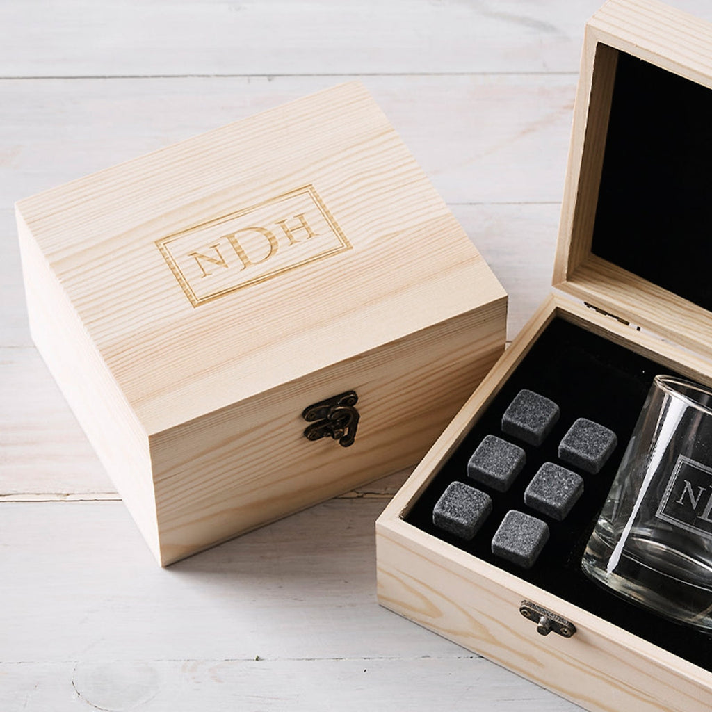 Engraved Corporate Wooden Gift Boxed Scotch Glass and Whiskey Stone Set