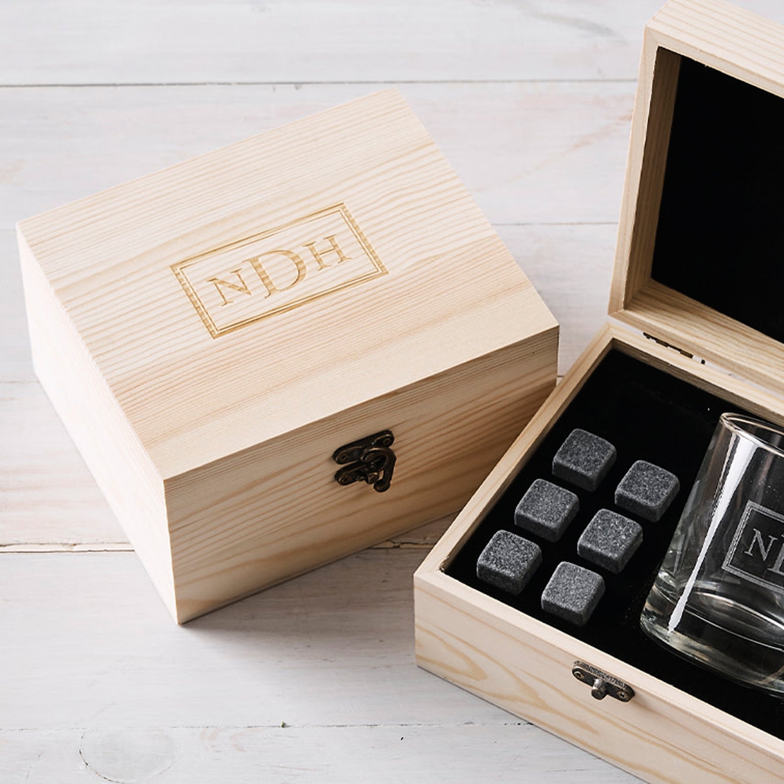 Engraved Corporate Wooden Gift Boxed Scotch Glass and Whiskey Stone Set