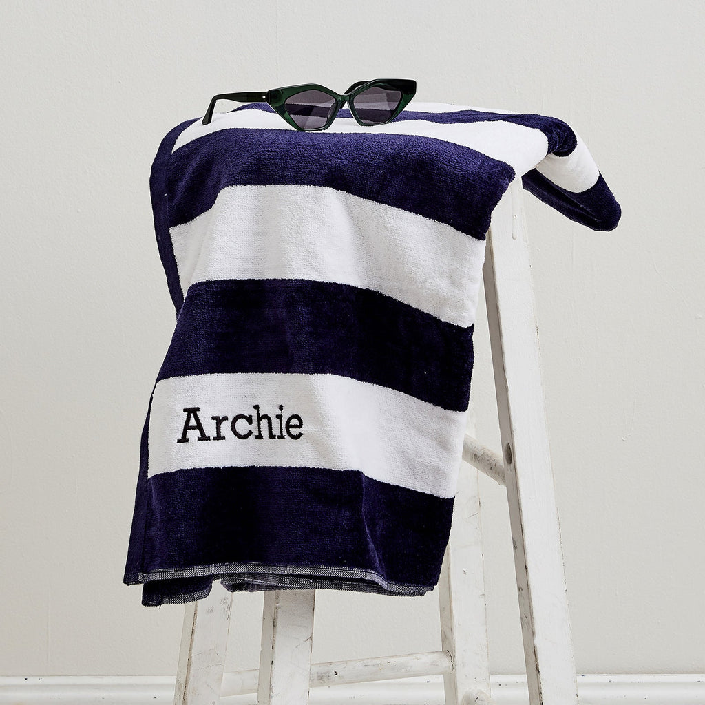 Embroidered Striped Cotton Terry Beach Towel