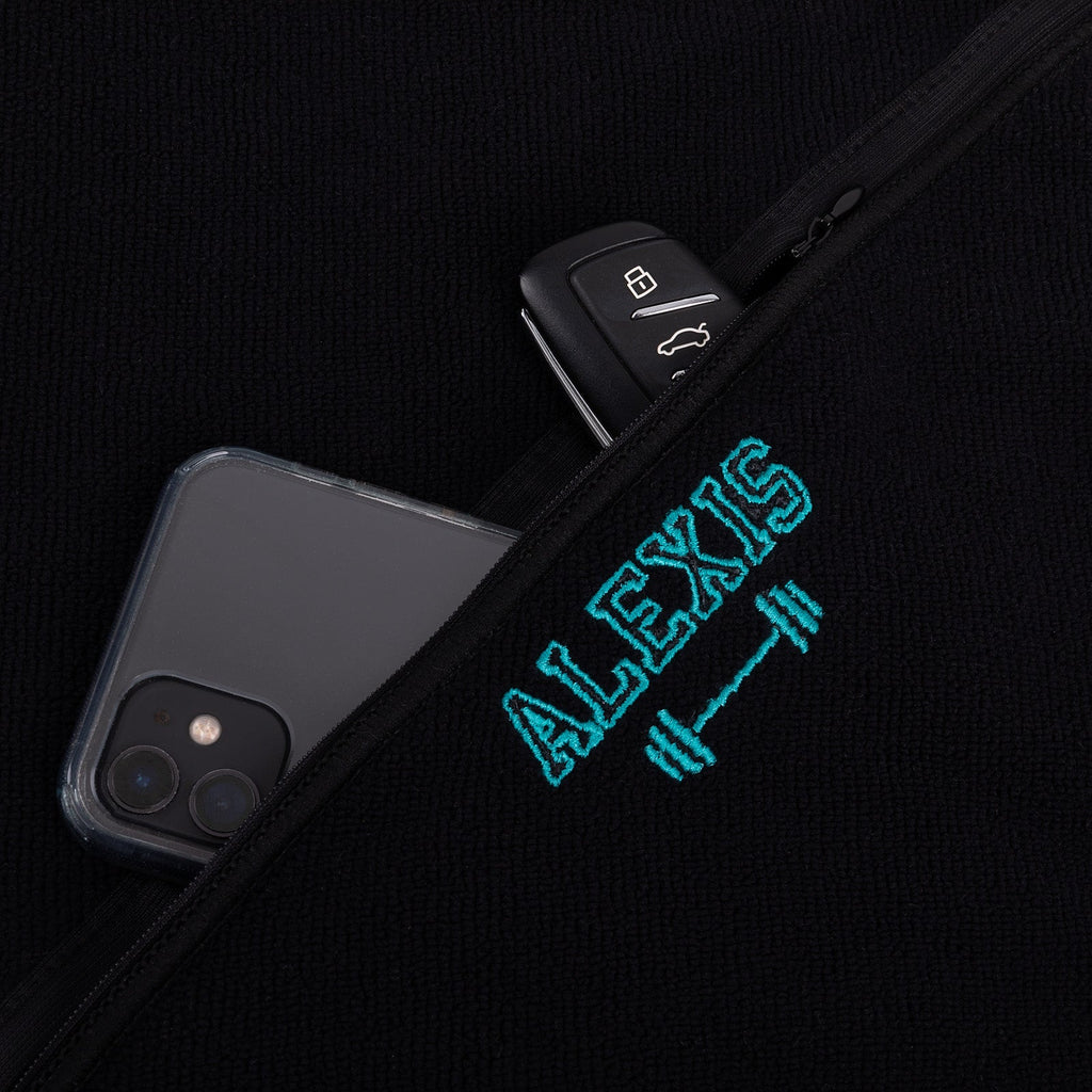 Custom black gym towel with initials and storage pouch