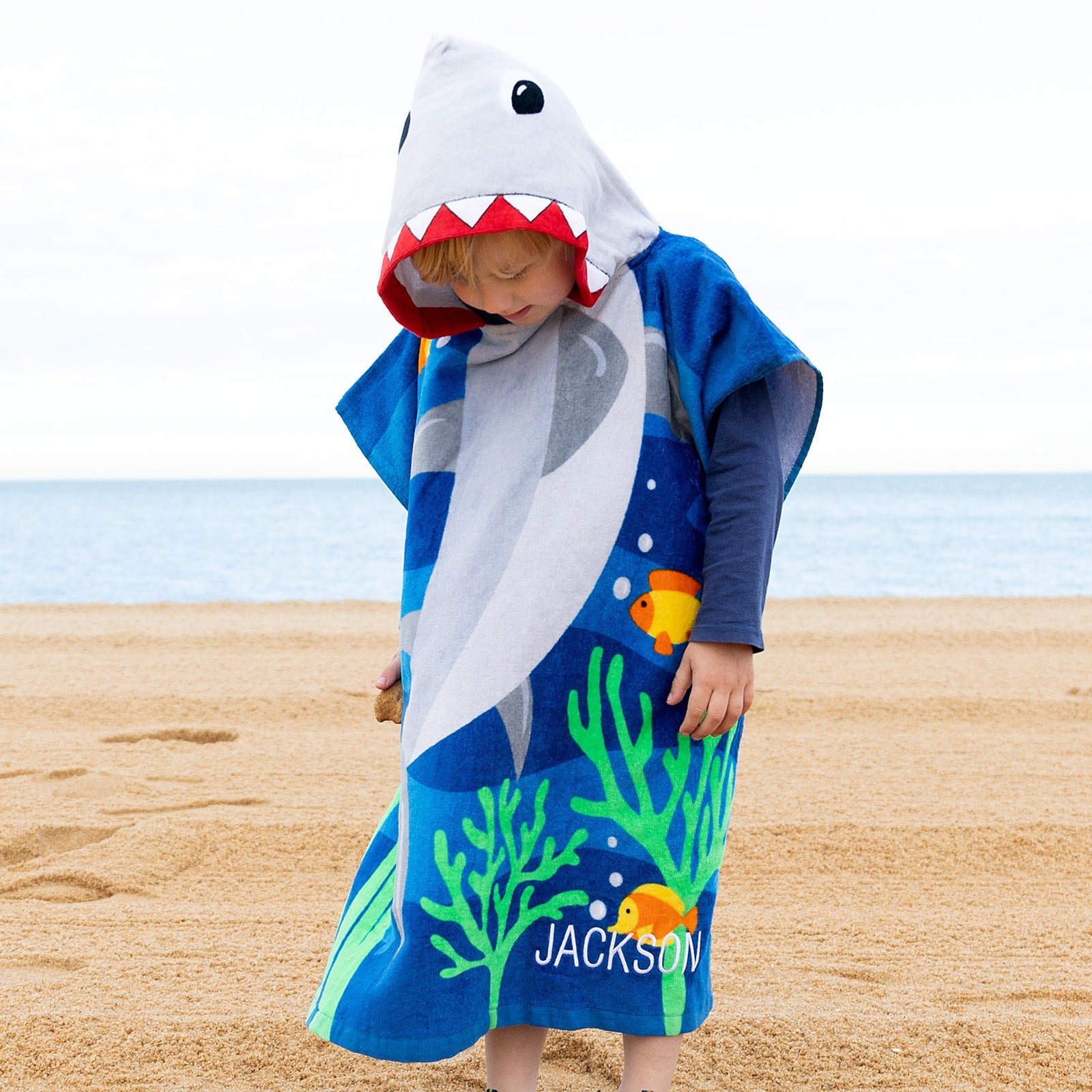 Embroidered Kids' Hooded Shark Beach Towel