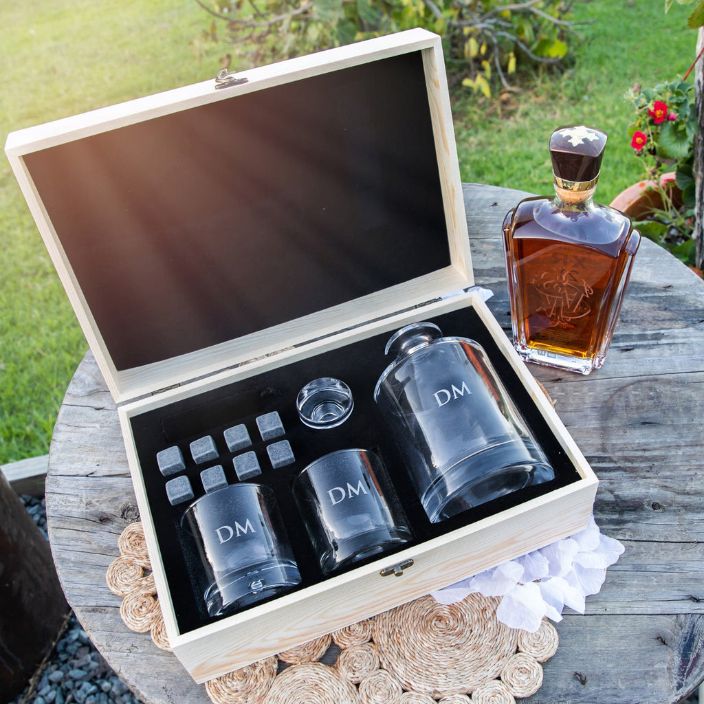 Engraved Father's Day Wooden Gift Boxed Round Decanter, Scotch Glasses and Whiskey Stone Set