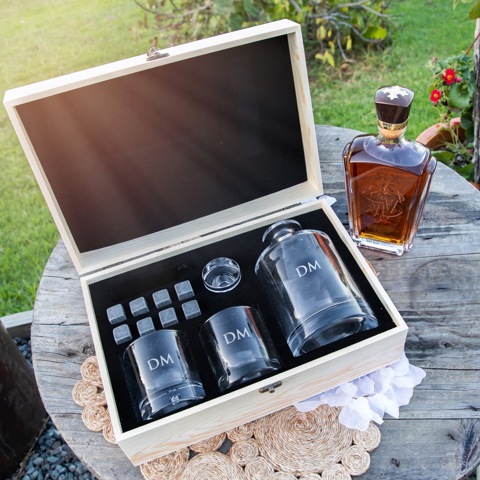 Engraved Father's Day Wooden Gift Boxed Round Decanter, Scotch Glasses and Whiskey Stone Set