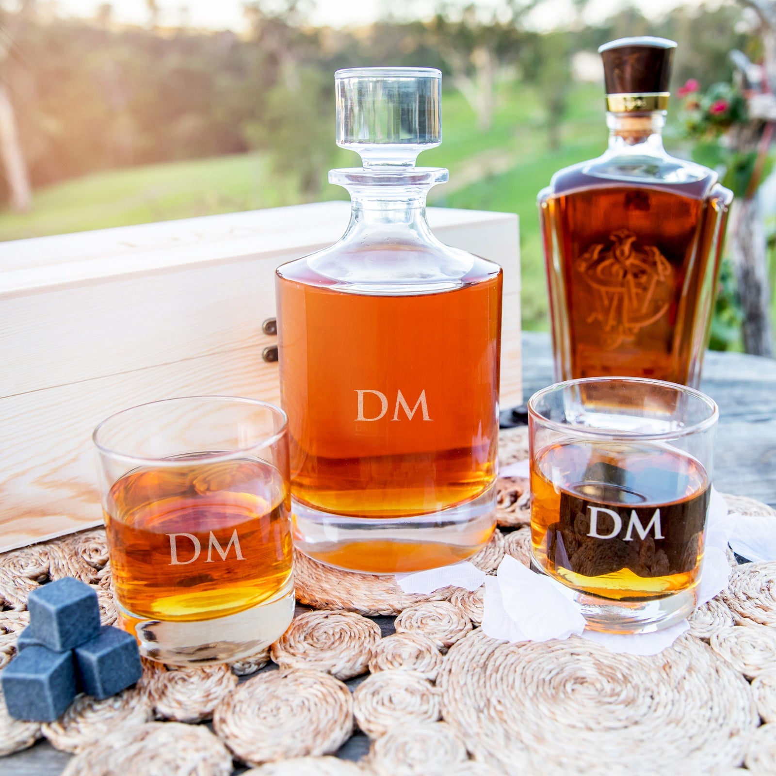 Engraved Father's Day Wooden Gift Boxed Round Decanter, Scotch Glasses and Whiskey Stone Set