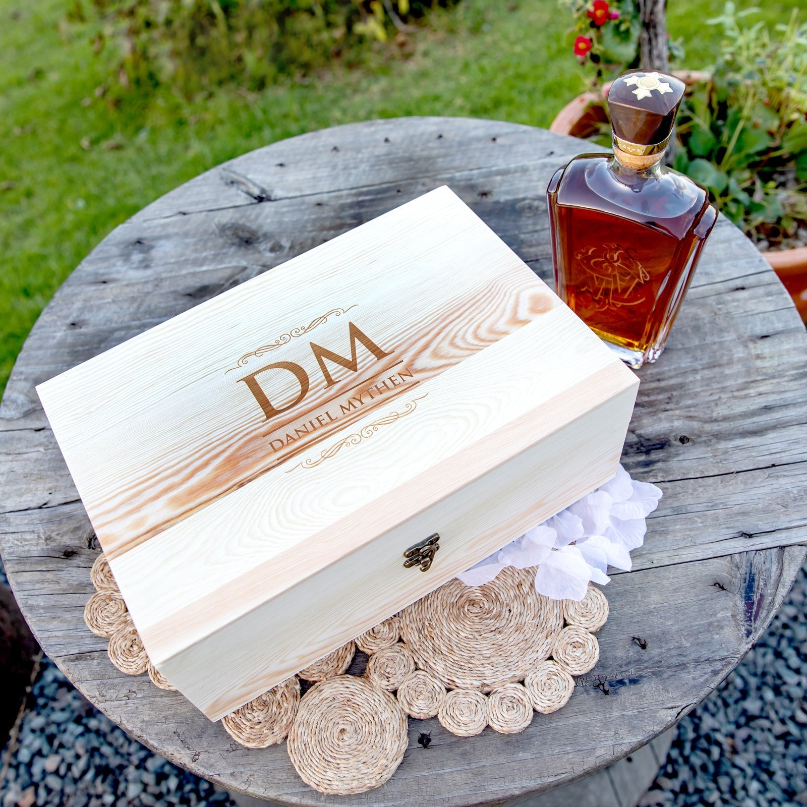 Engraved Father's Day Wooden Gift Boxed Round Decanter, Scotch Glasses and Whiskey Stone Set