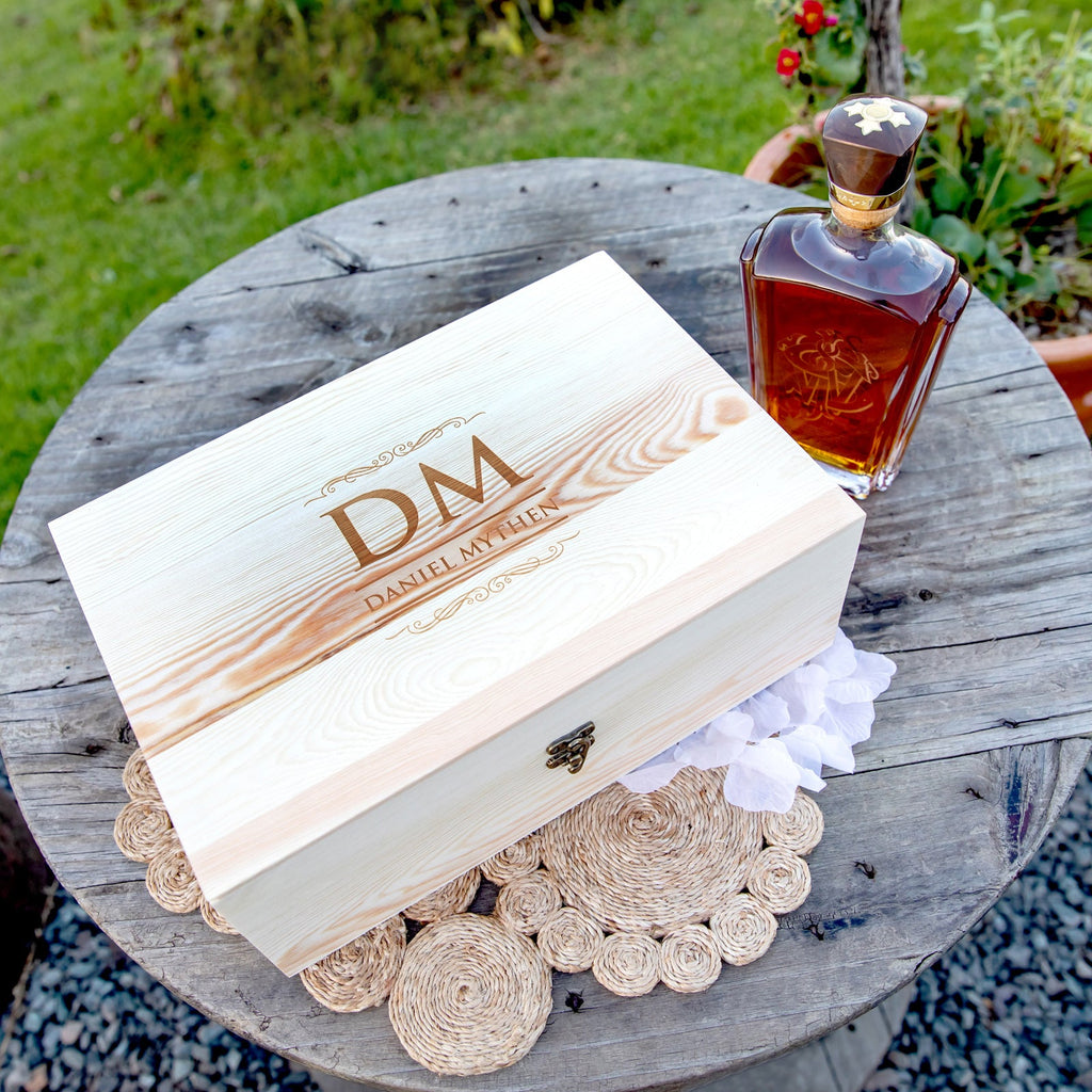 Engraved Father's Day Wooden Gift Boxed Round Decanter, Scotch Glasses and Whiskey Stone Set
