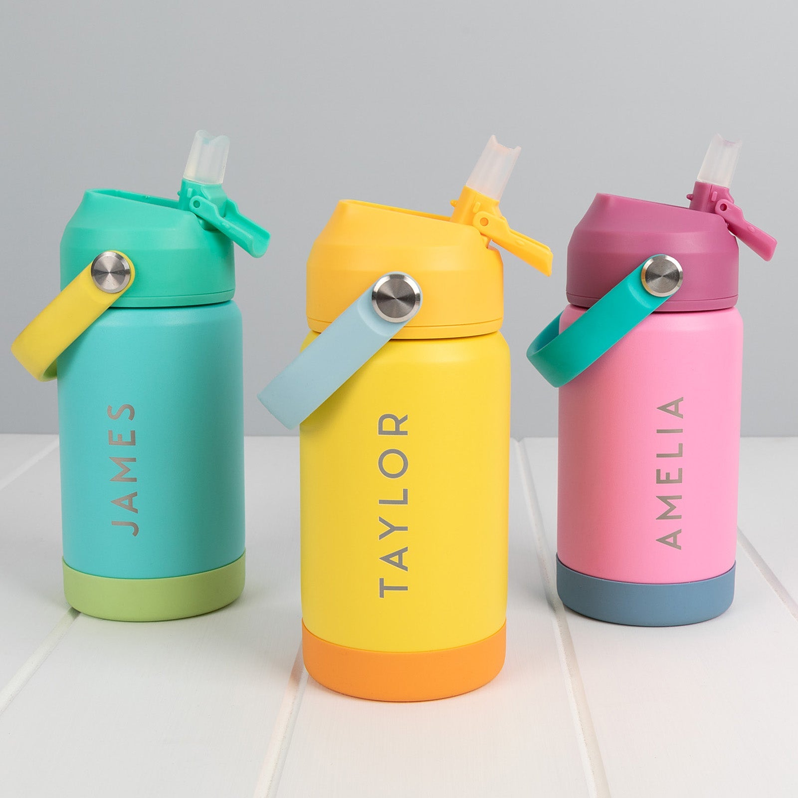 Personalised 360ml kids’ reusable water bottle with flip top straw