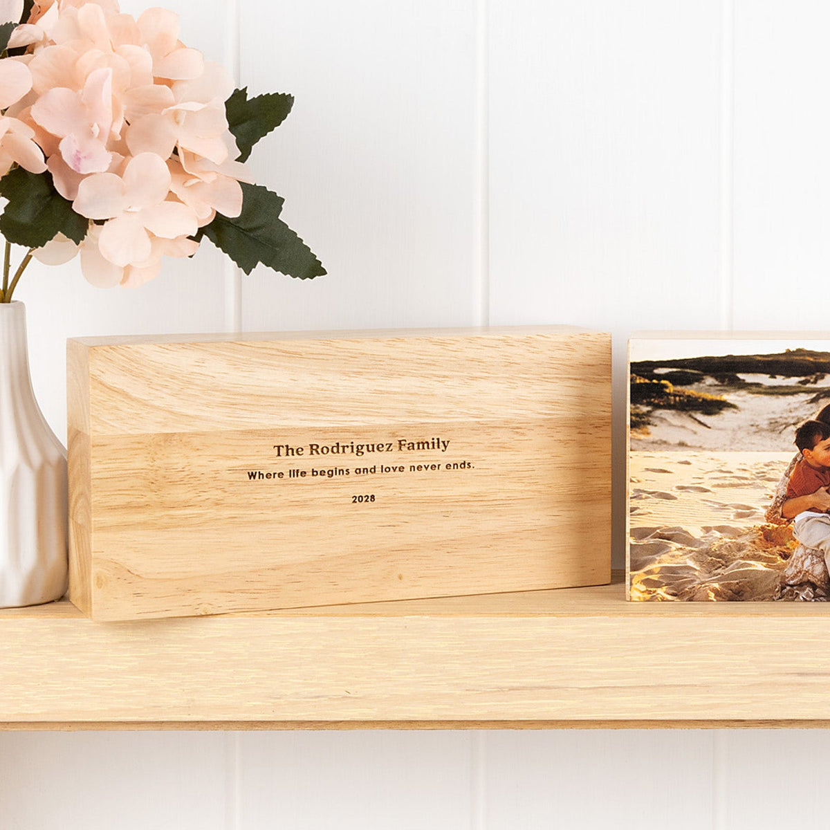 Personalised Wooden Photo Block 200x100mm with Engraved Message