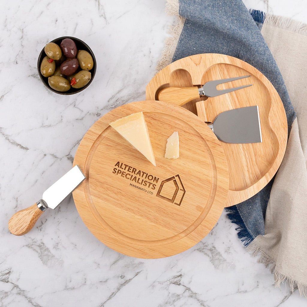 Engraved Round Wooden Cheese Knife Set Corporate Gift