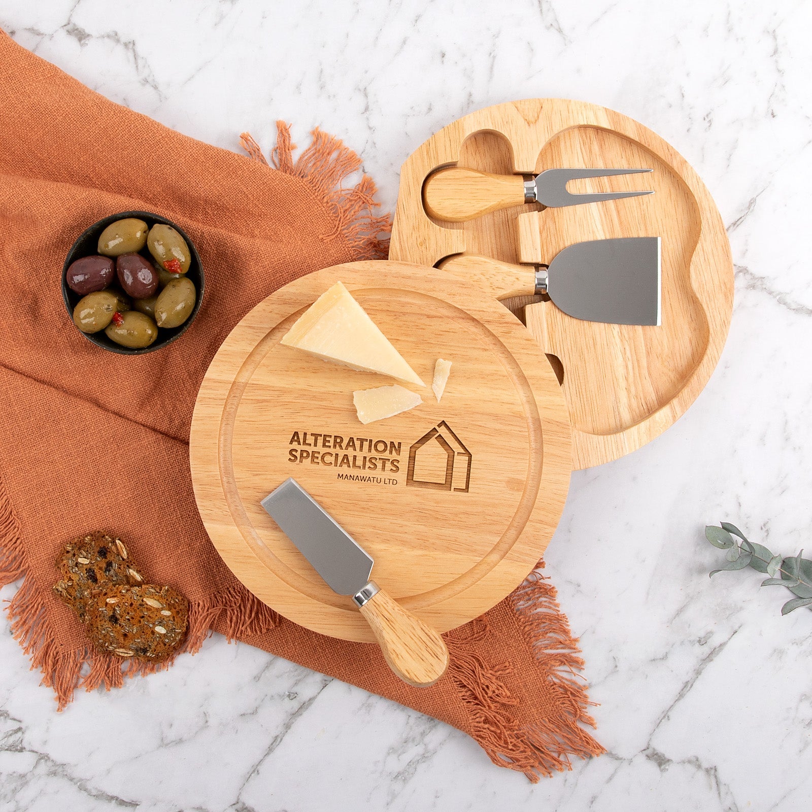 Engraved Round Wooden Cheese Knife Set Corporate Gift