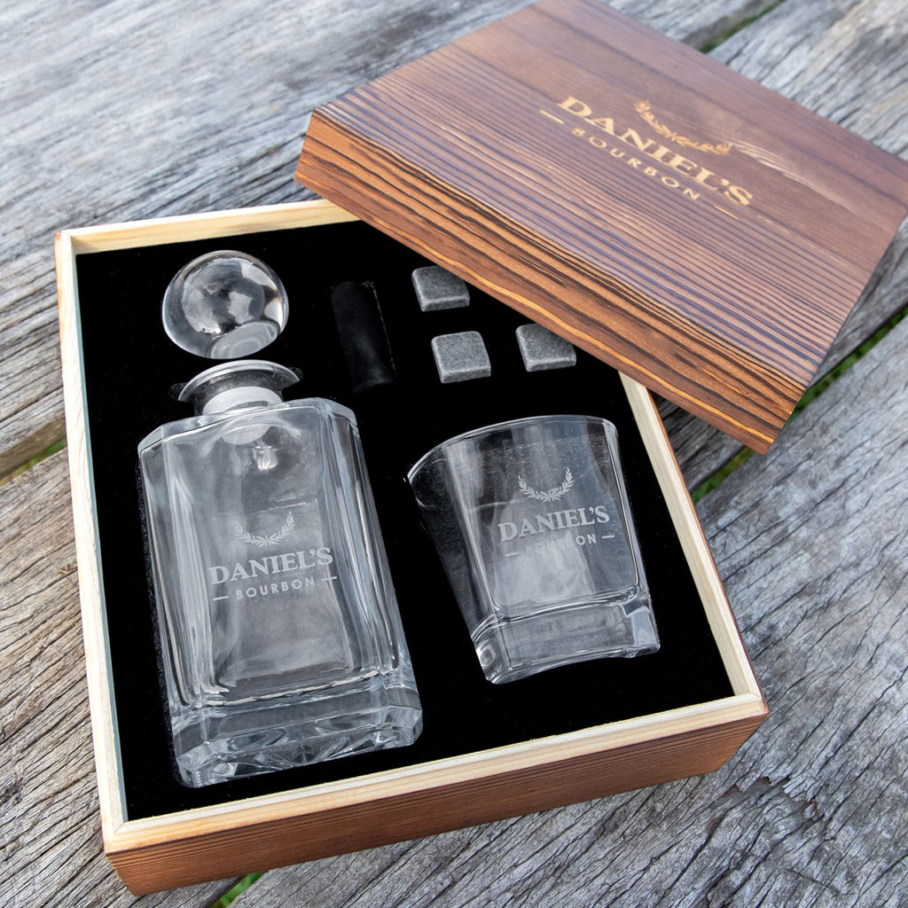 Engraved Rustic Wooden Gift Boxed Decanter Set