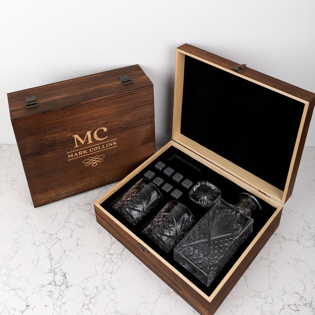Engraved Rustic Wooden Gift Boxed Decanter Set