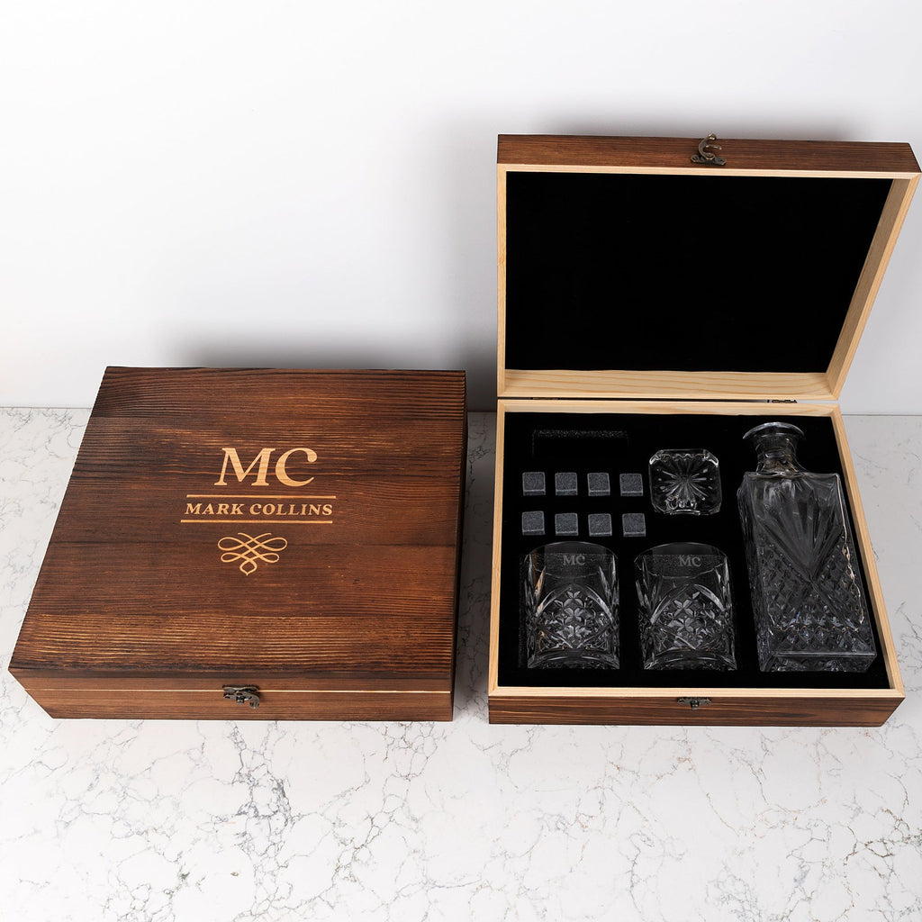 Engraved Rustic Wooden Gift Boxed Decanter Set