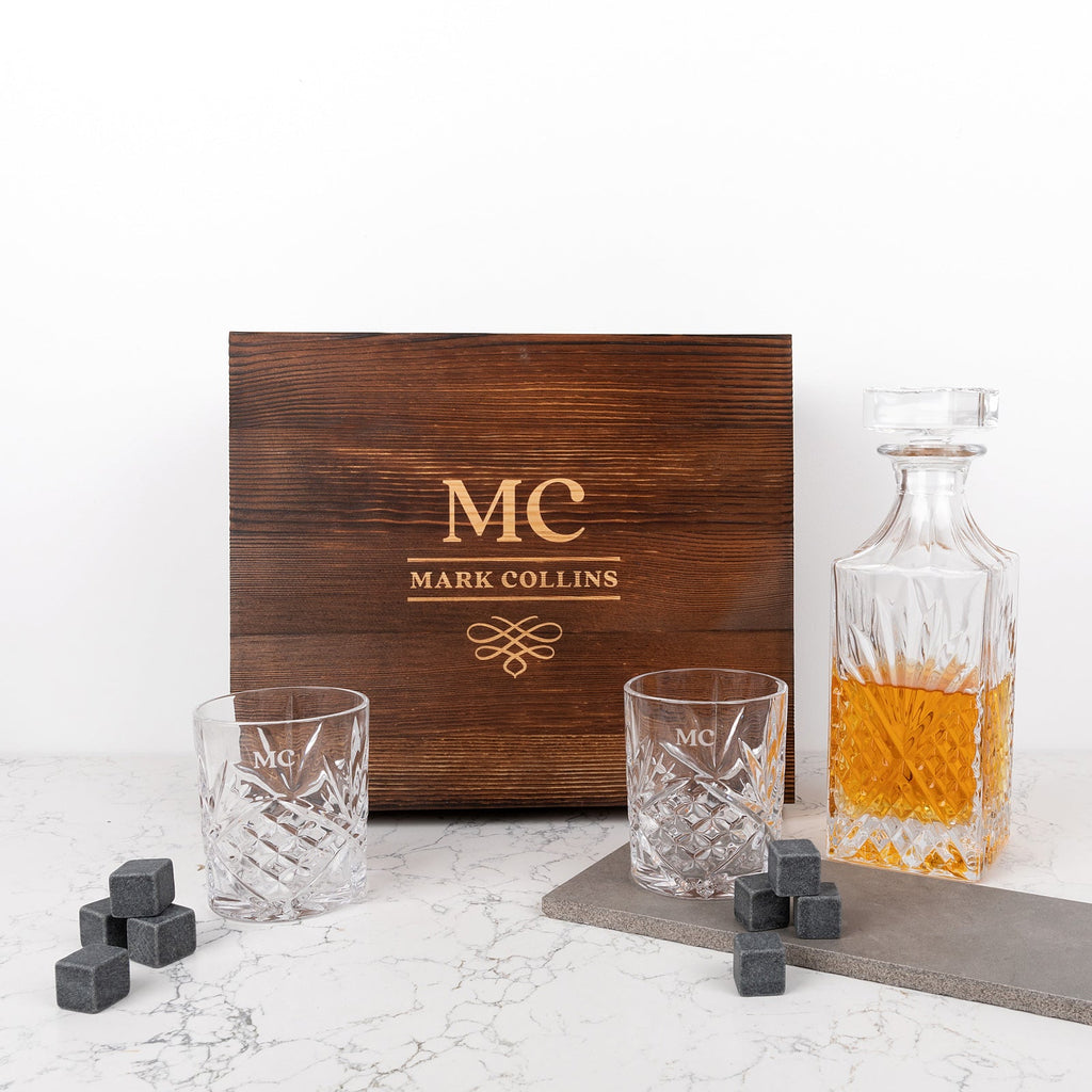 Engraved Rustic Wooden Gift Boxed Decanter Set