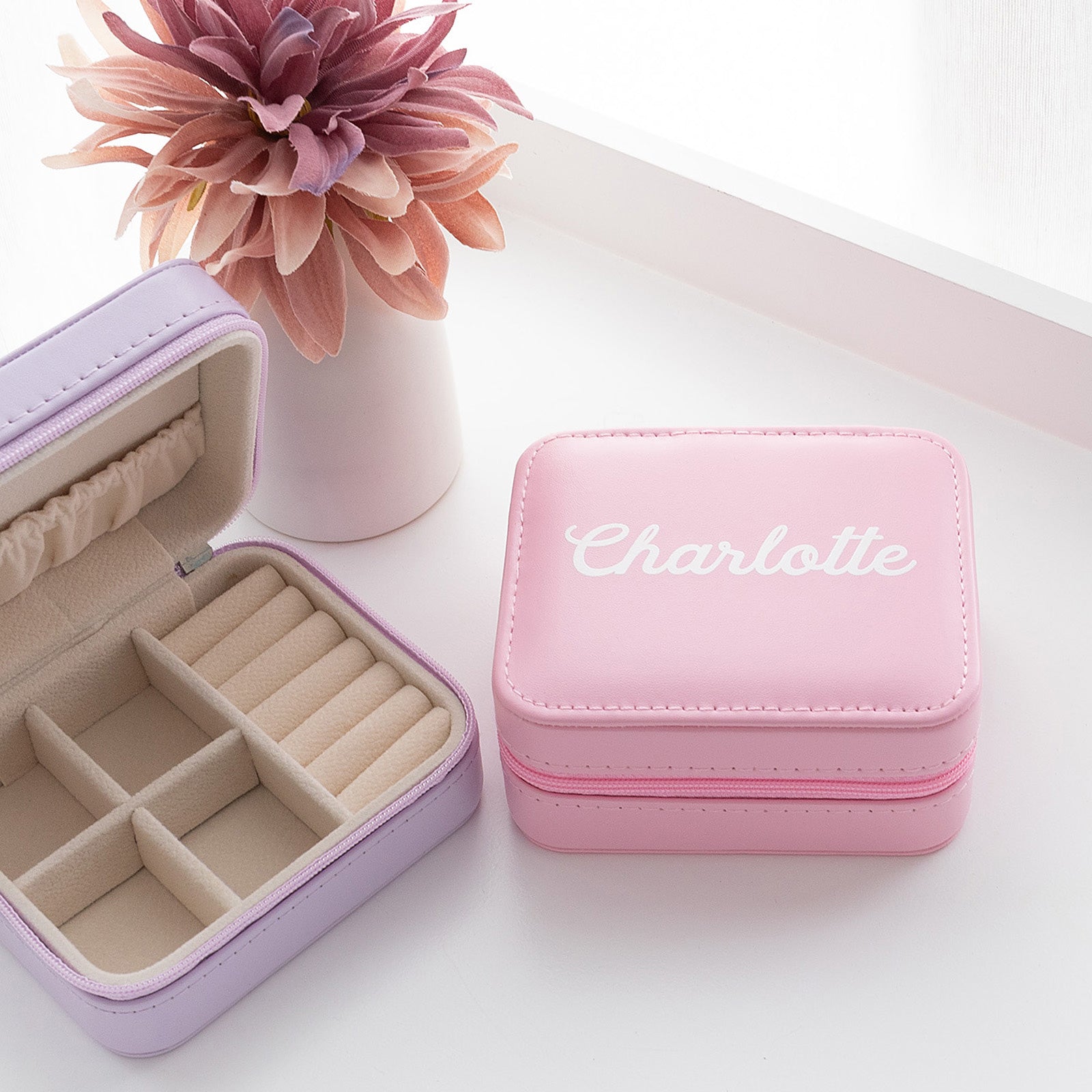 Customised Printed Pink Turquoise Lilac Travel jewellery Cases