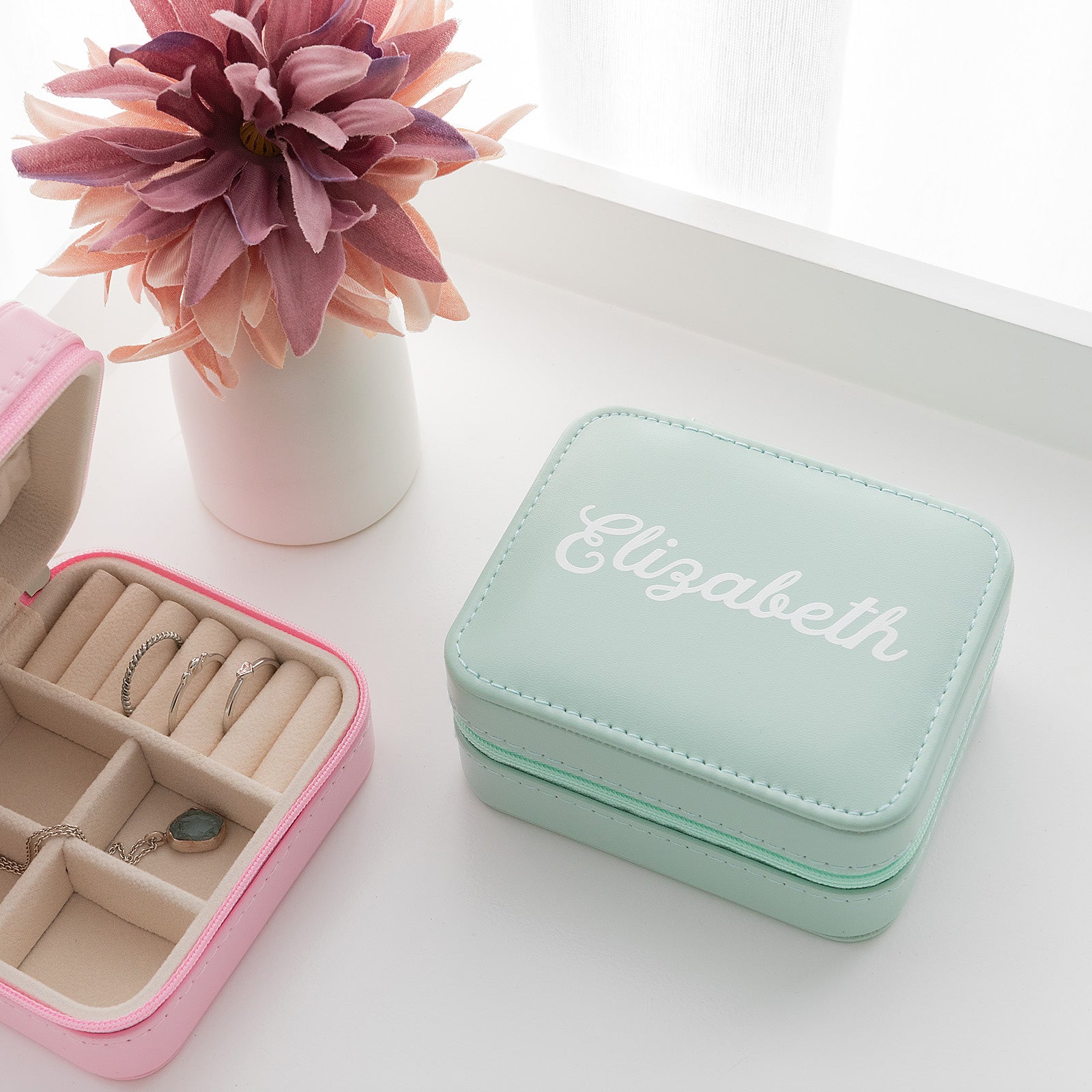 Custom Printed Pink and Turquoise Travel Jewellery Case