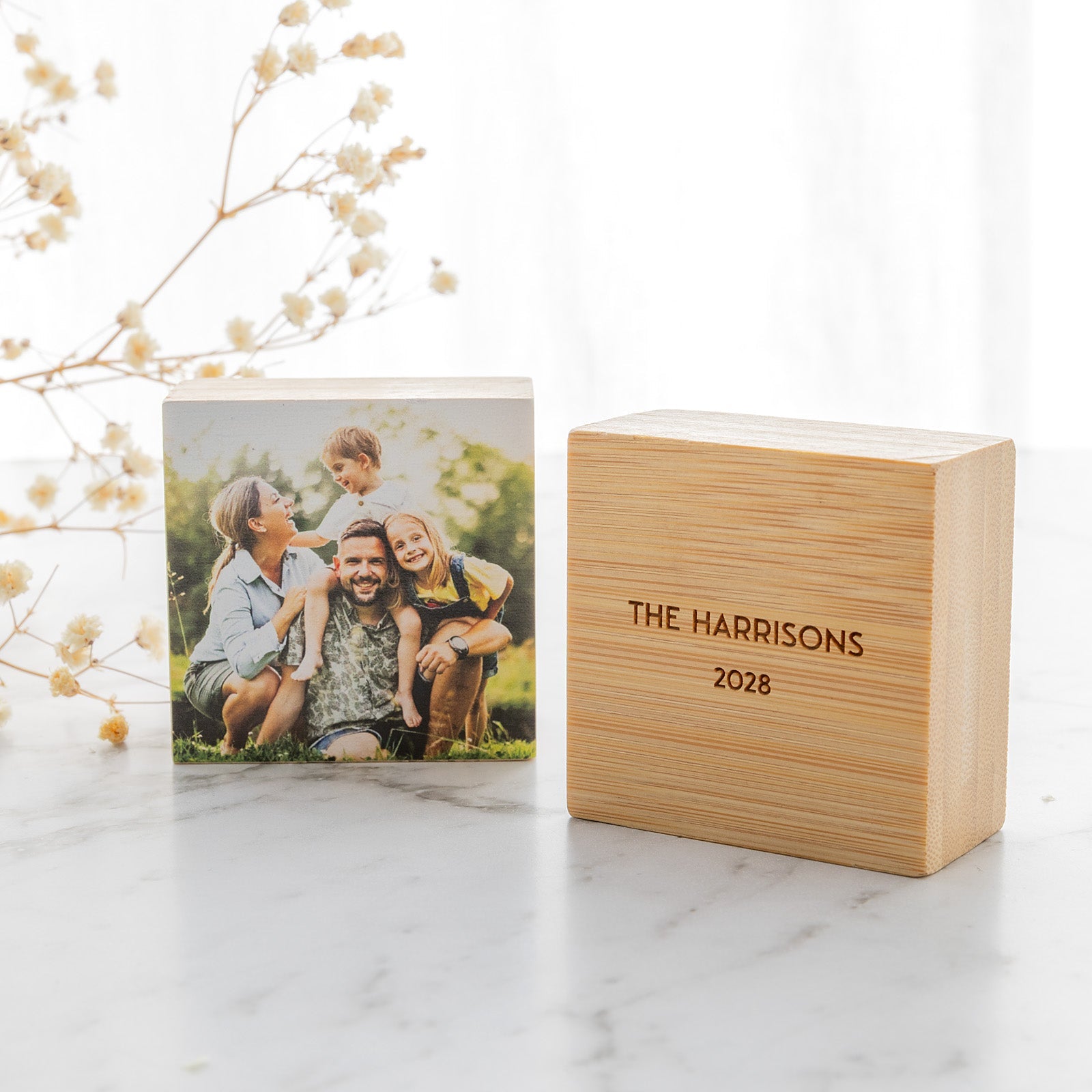 Personalised Wooden Photo Block 50x50mm with Engraved Message