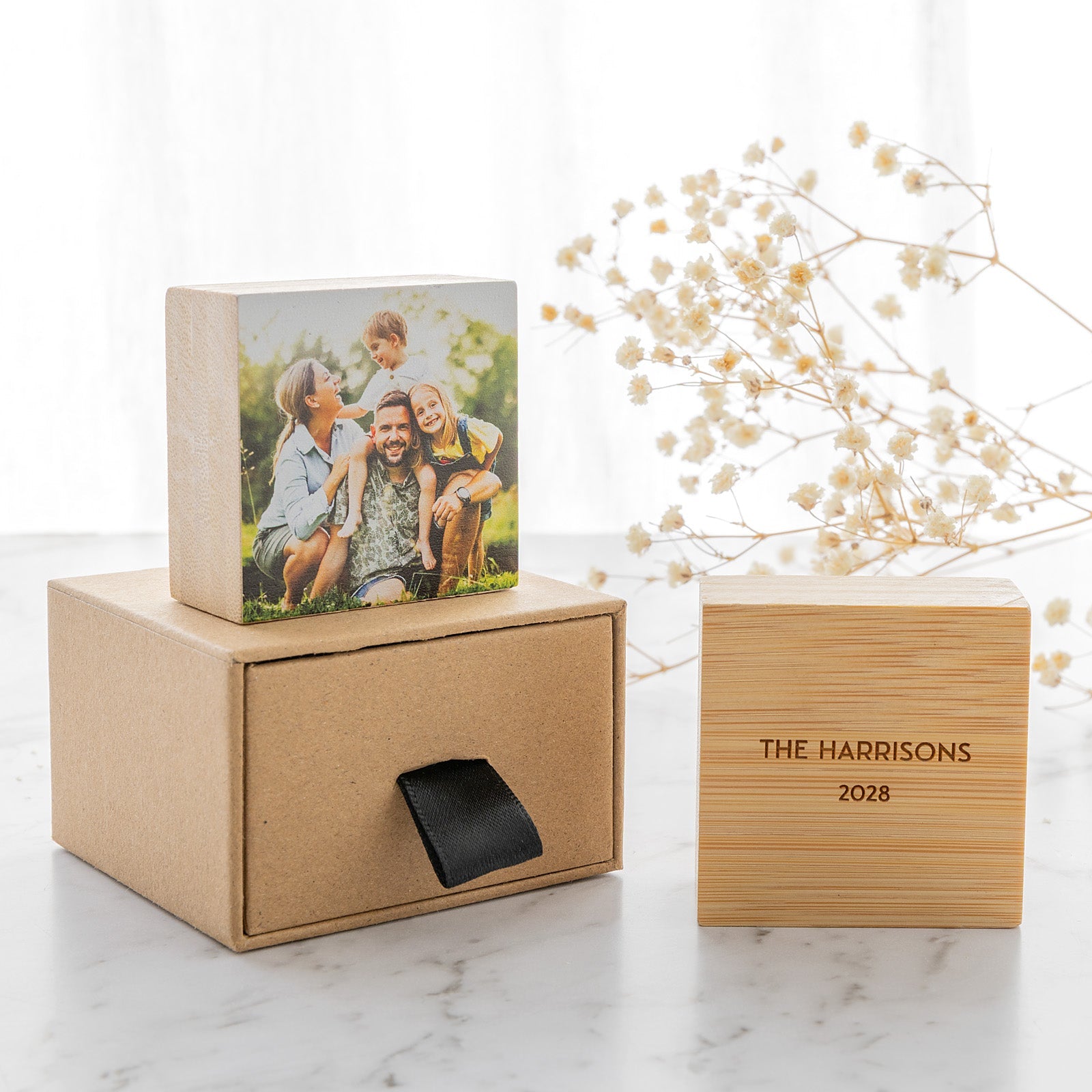 Mini wooden photo block with engraved message on back
