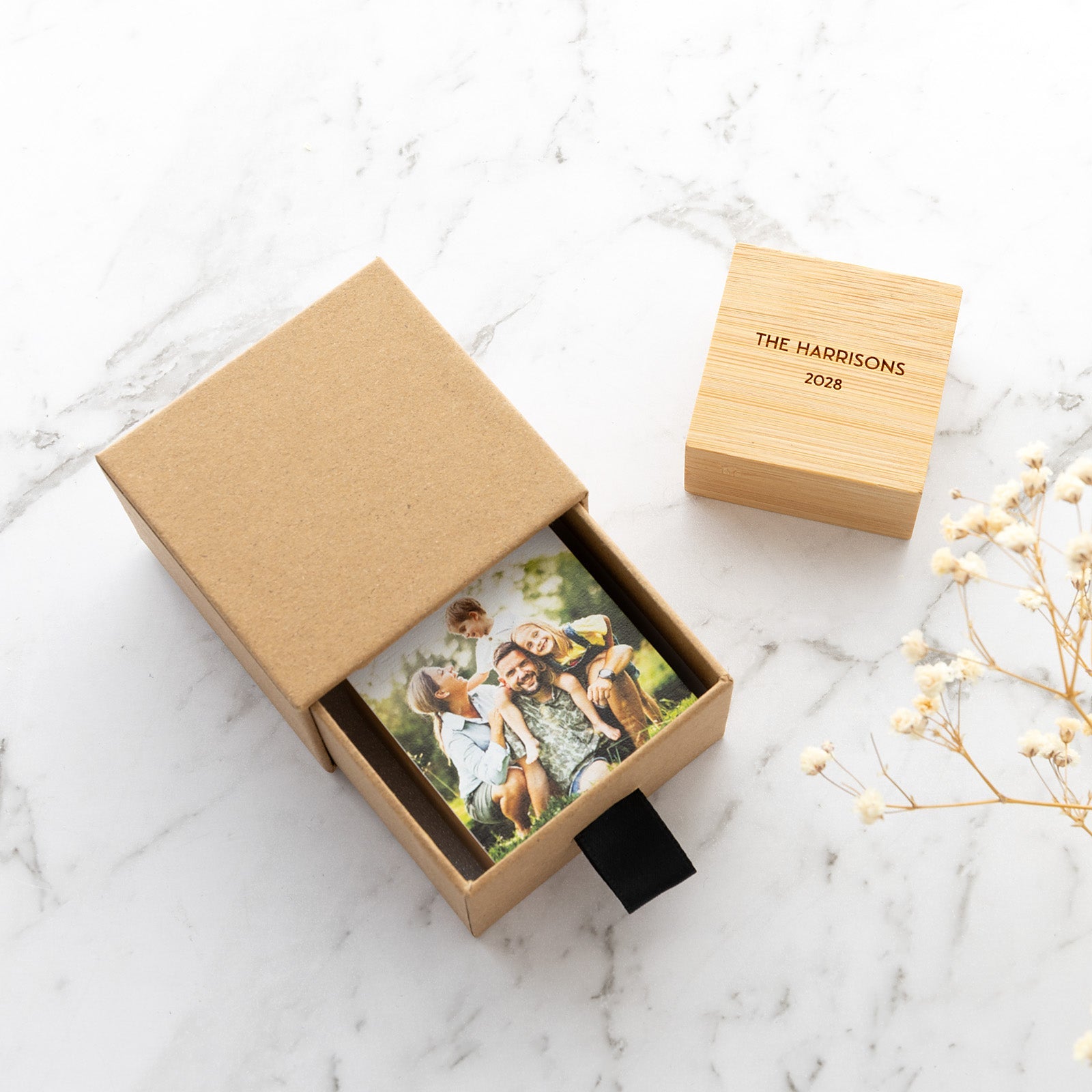 Bamboo photo block in premium sliding gift box with ribbon tab