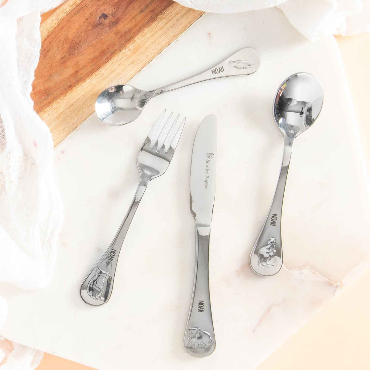 Engraved Stainless Steel Children's Cutlery 4 Piece Set Australian Animals