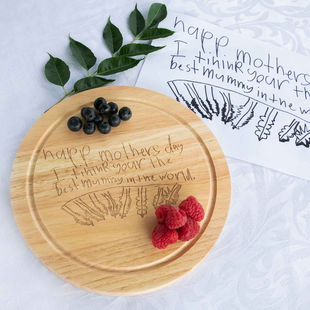 Round Wooden Cheese Board Engraved With Your Child's Drawing