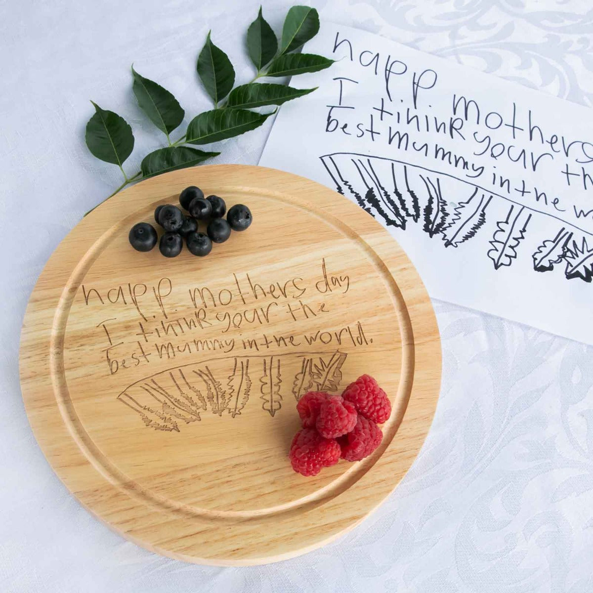 Round Wooden Cheese Board Engraved With Your Child's Drawing