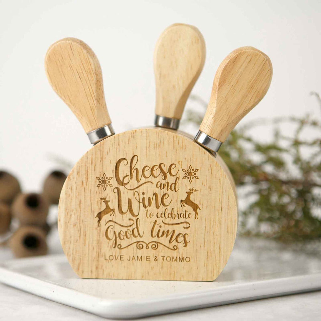 Engraved Christmas 3 Piece Cheese Block Knife Set