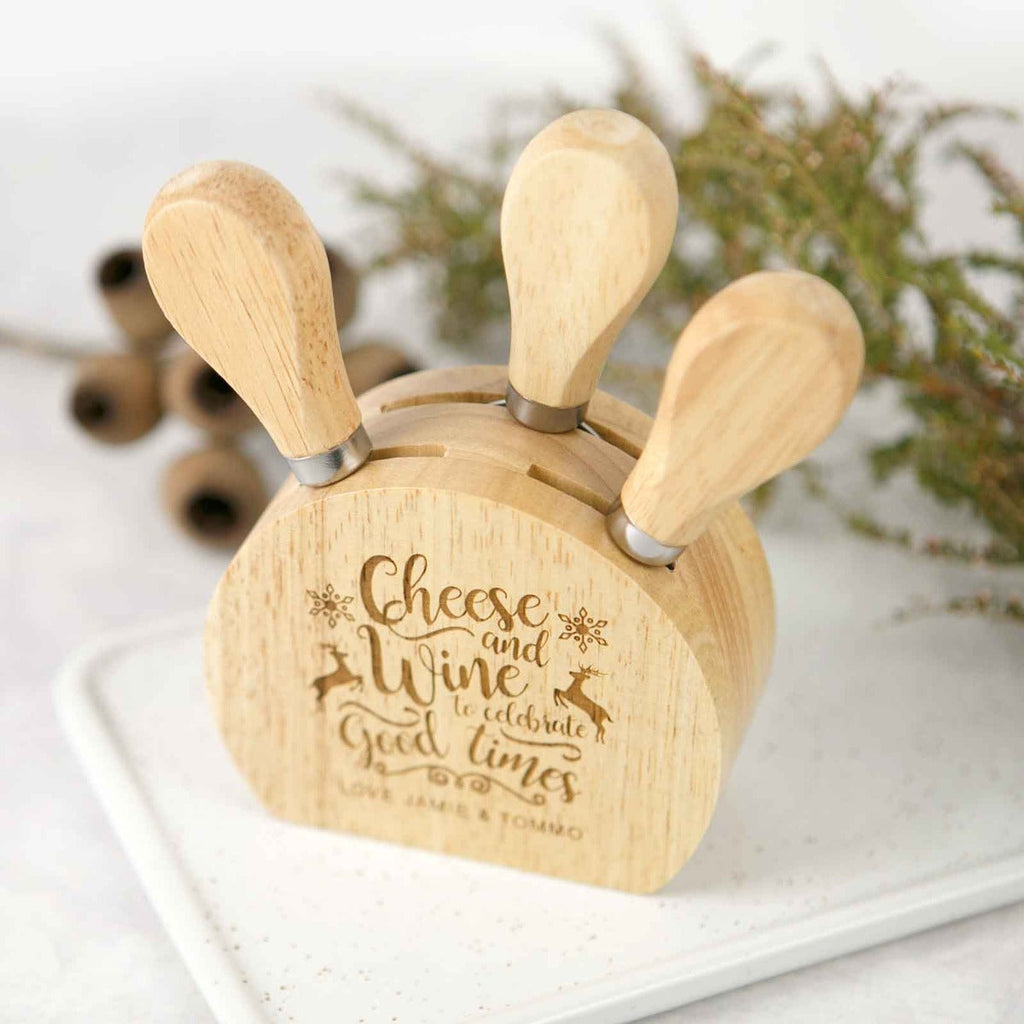 Engraved Christmas 3 Piece Cheese Block Knife Set