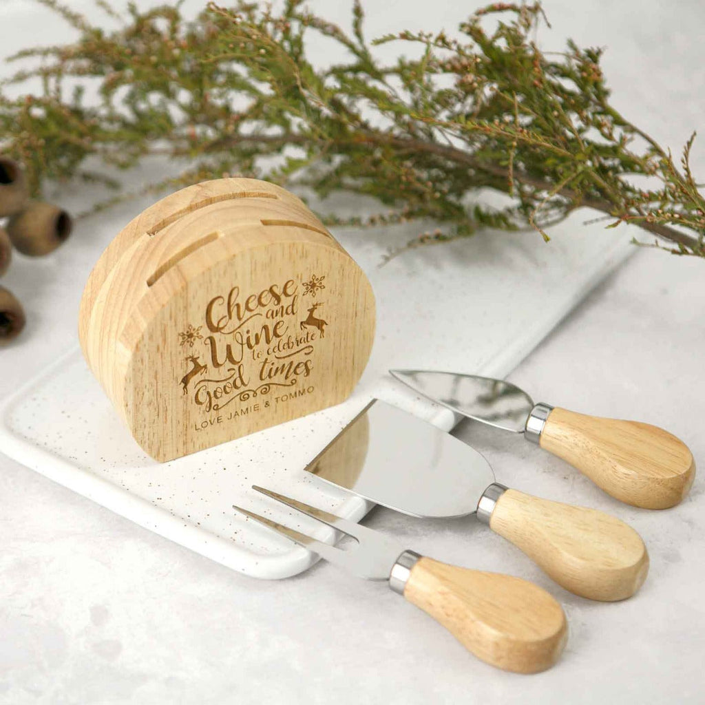 Engraved Christmas 3 Piece Cheese Block Knife Set