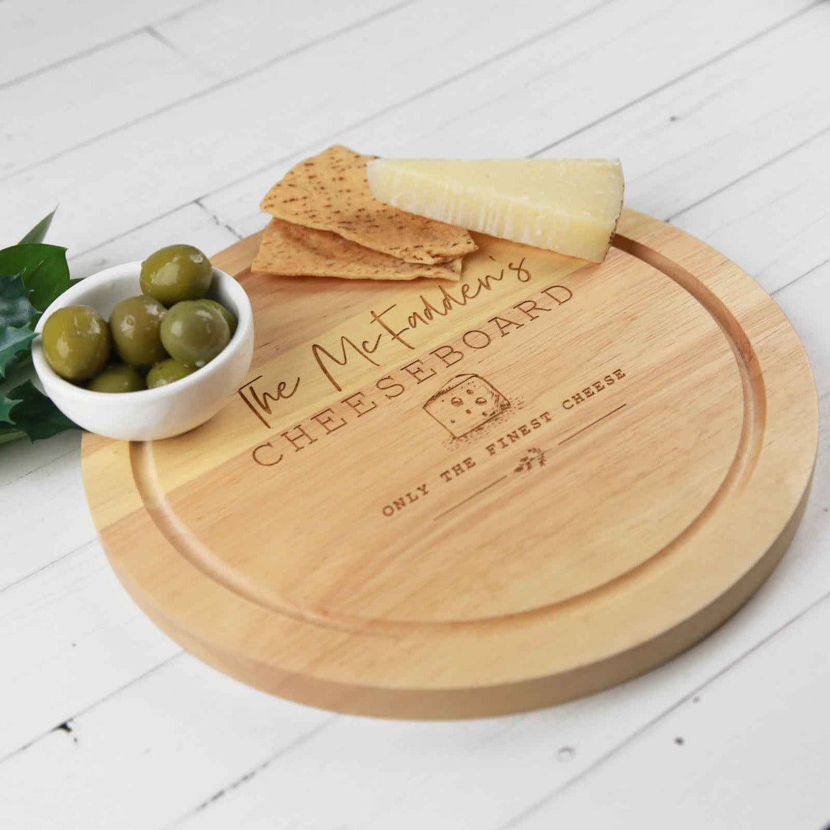 Custom Designed Engraved Round Wooden Christmas Cheese Serving Board Gift