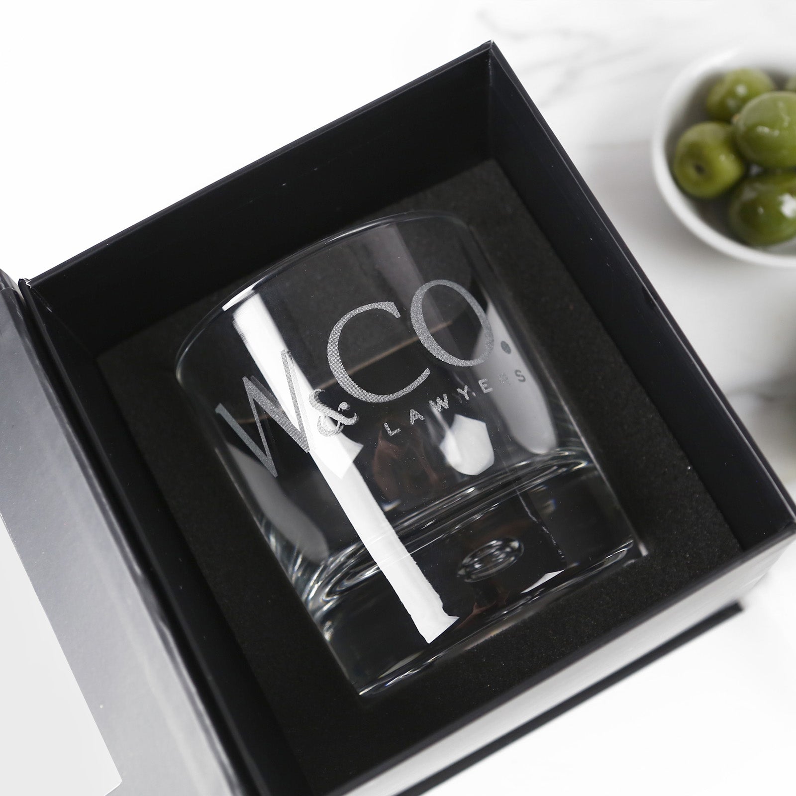 Custom Engraved Company Logo Round Whiskey Glass Employee or Client Promotional Gift