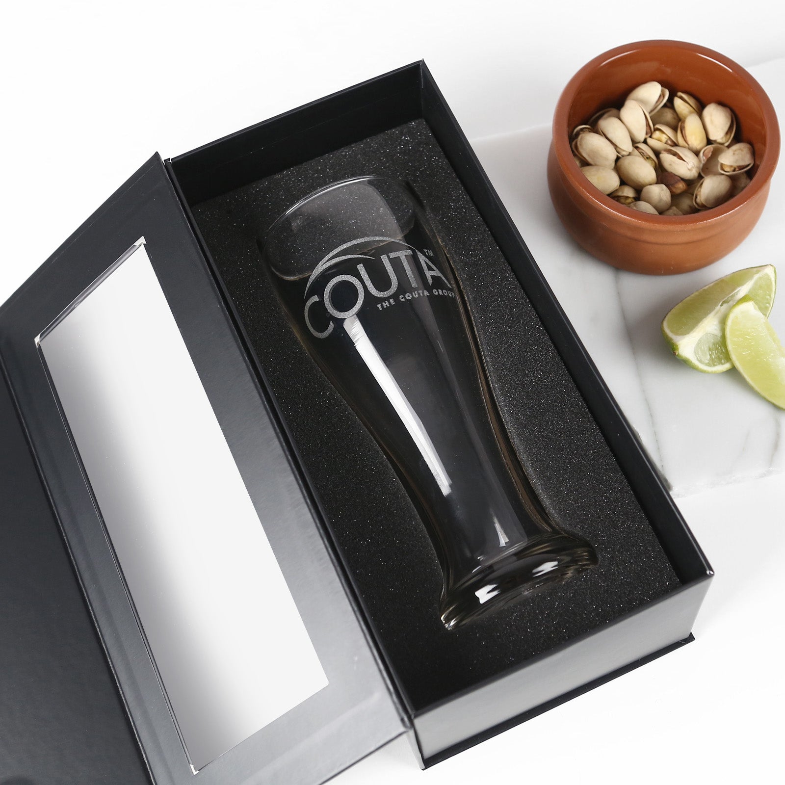 Customised laser Engraved Company Logo Premium European Beer Glass 425ml With Black Gift Box Client or Employee Gift