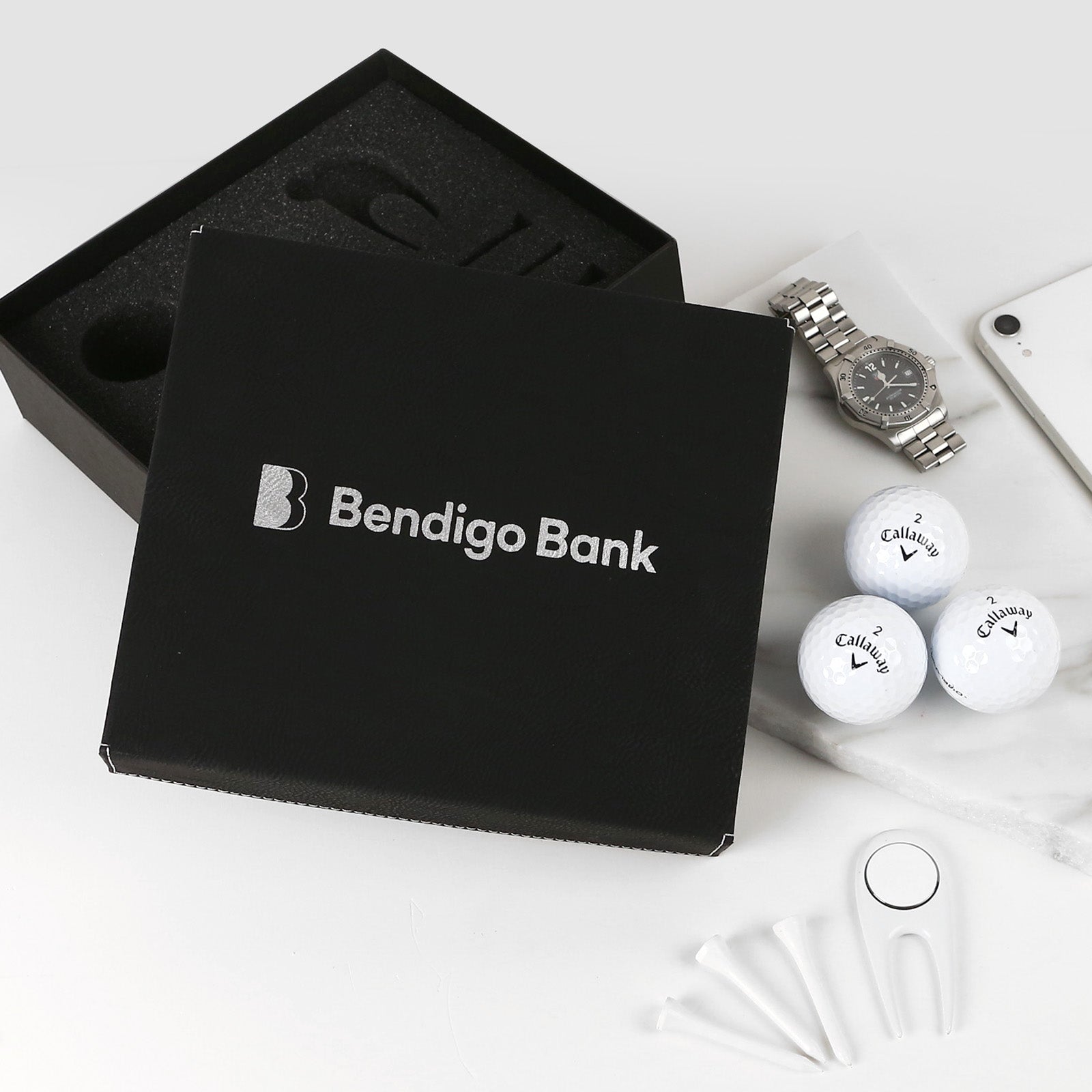 Custom Artwork Engraved Corporate Logo Black Leatherette Golf Gift Set Client or Employee Promotional Gift