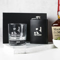 Gift Boxed Corporate Engraved Round Scotch Glass and Black 7oz Hip Flask