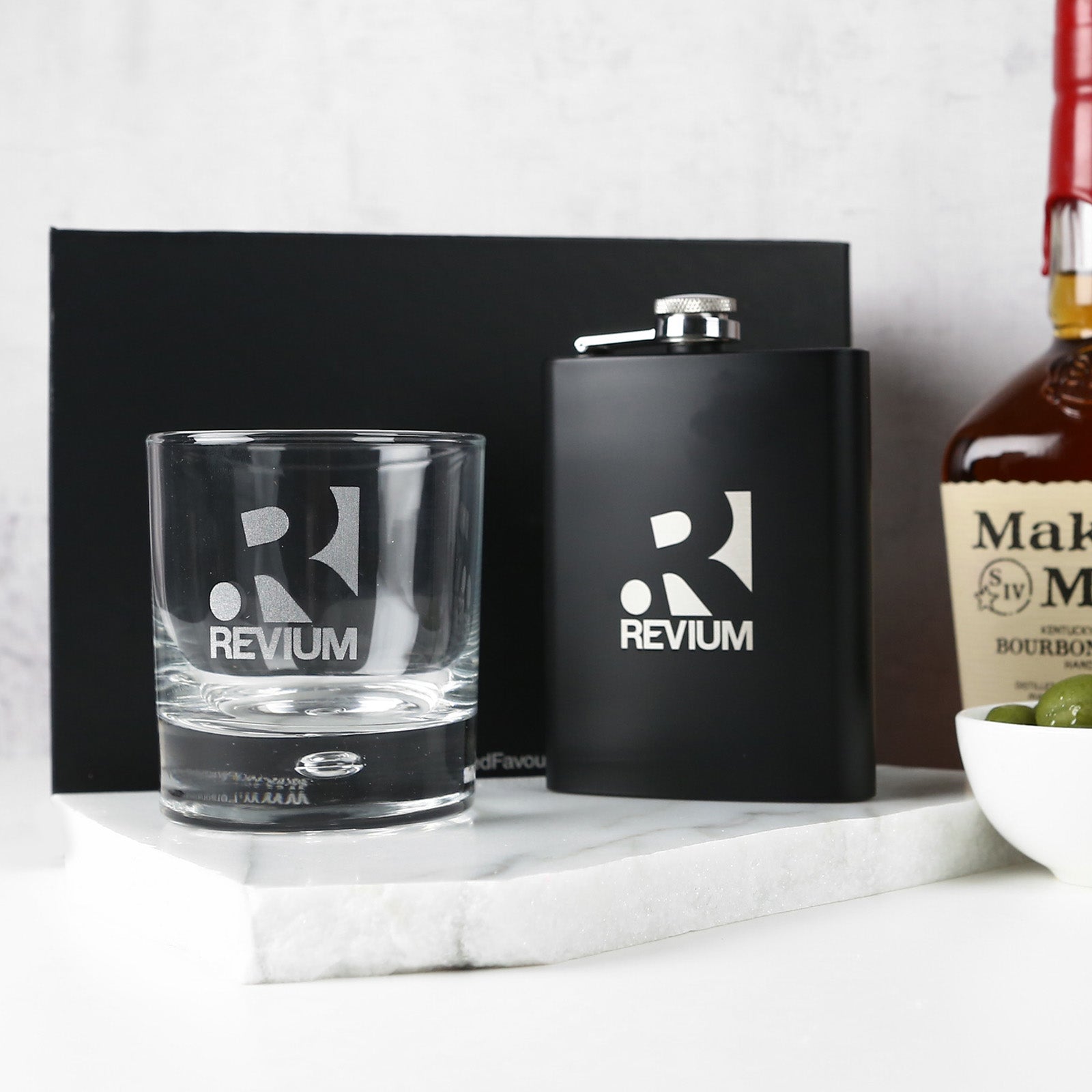 Gift Boxed Corporate Engraved Round Scotch Glass and Black 7oz Hip Flask