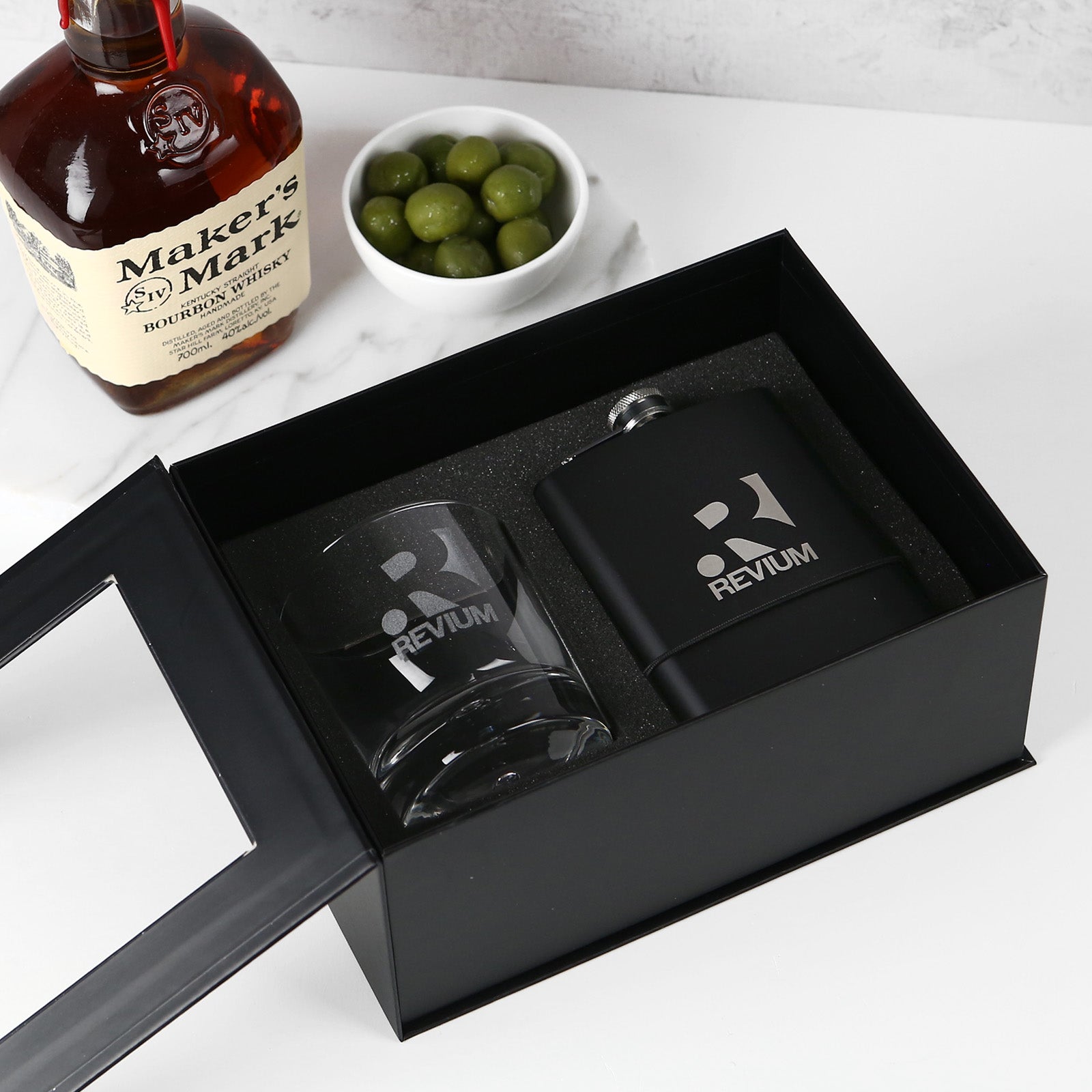 Gift Boxed Corporate Engraved Round Scotch Glass and Black 7oz Hip Flask