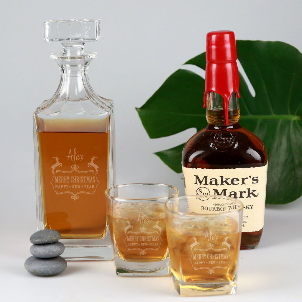 Christmas Decanter Gift Set – Engraved Deluxe Square Whiskey Decanter PLUS 2 Engraved Scotch Glasses