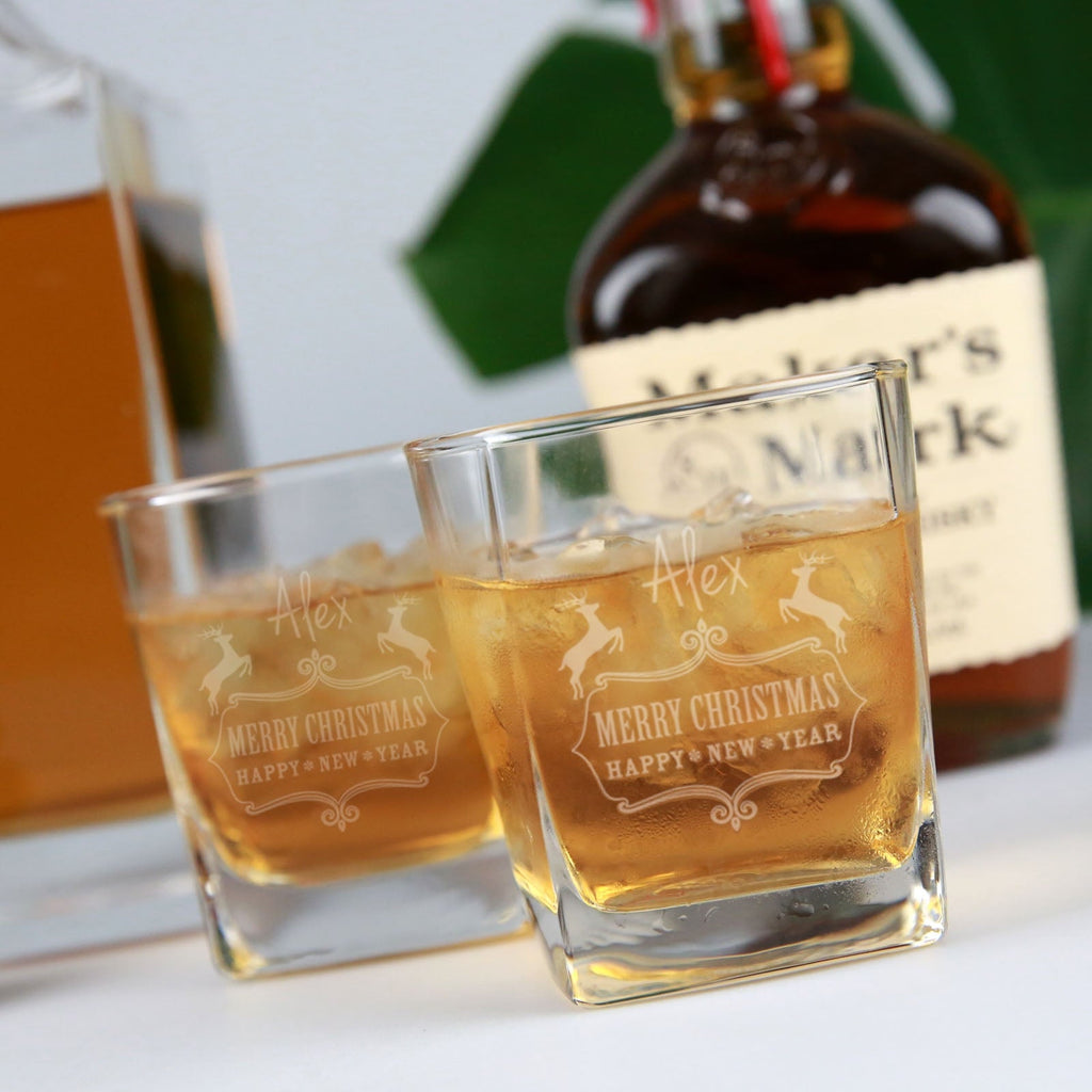 Christmas Decanter Gift Set – Engraved Deluxe Square Whiskey Decanter PLUS 2 Engraved Scotch Glasses