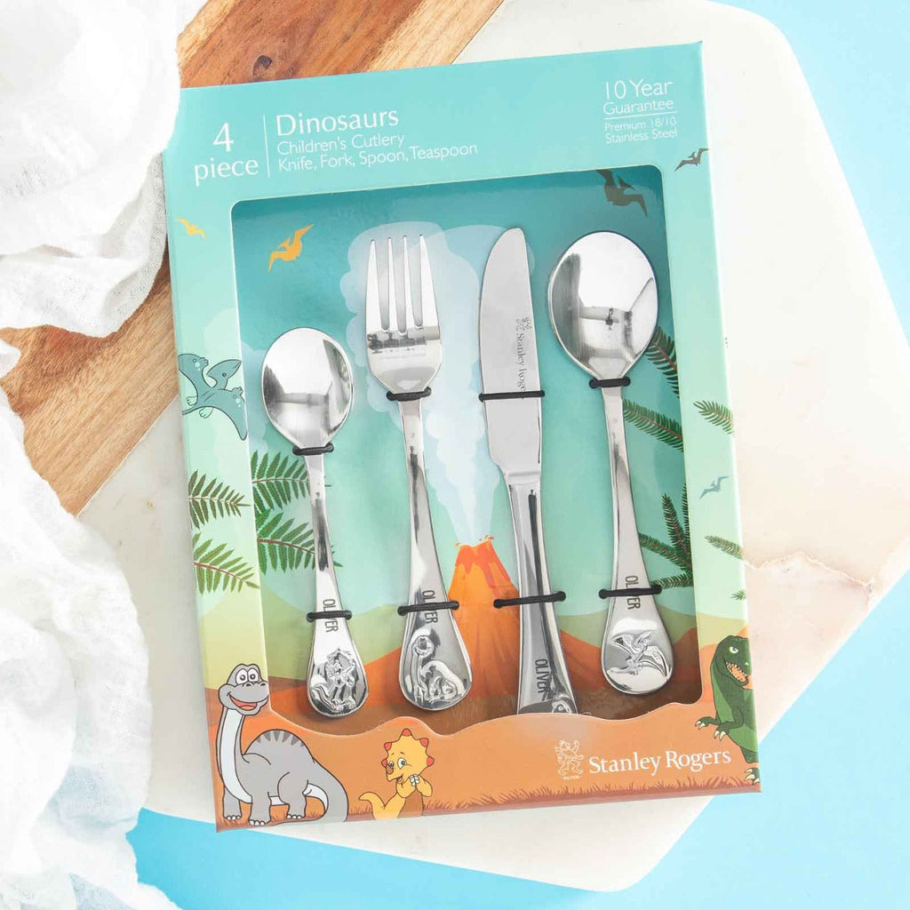 Engraved Stainless Steel Children's Cutlery 4 Piece Set Dinosaurs