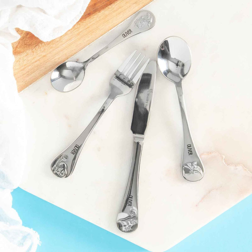 Engraved Stainless Steel Children's Cutlery 4 Piece Set Dinosaurs