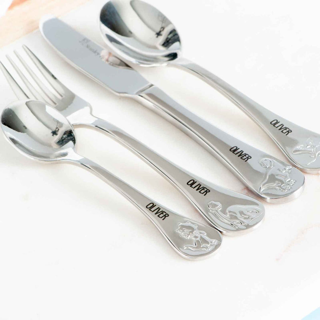 Engraved Stainless Steel Children's Cutlery 4 Piece Set Dinosaurs